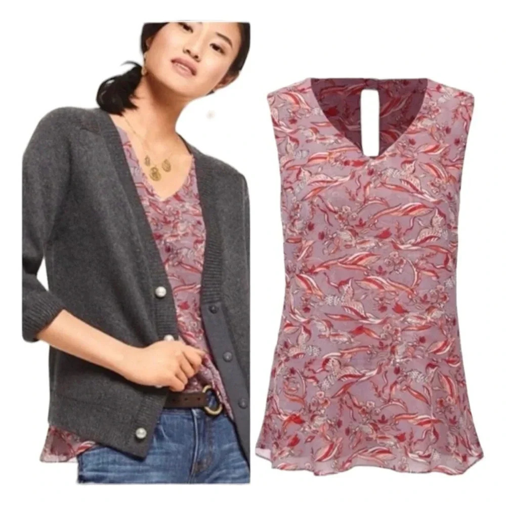 CAbi #3611 Mauve Purple Good Luck Bird Print Sleeveless Blouse sz XS